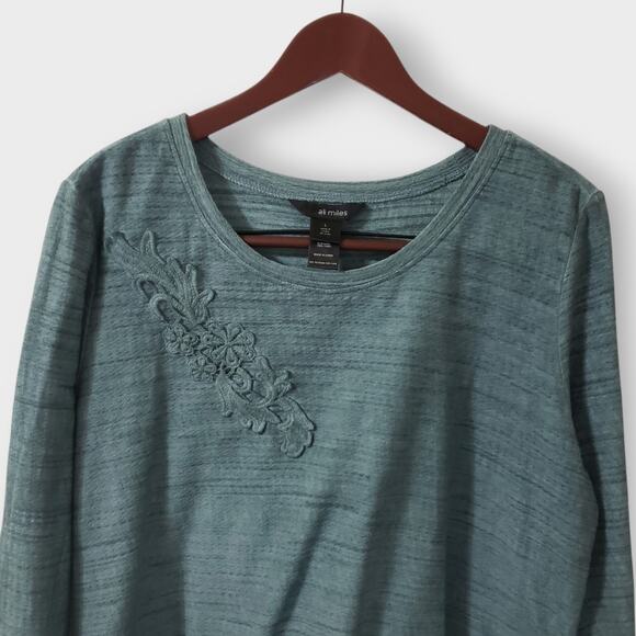 Ali Miles Floral Embroidered Lace Trim Tunic Top Green Spacedye Large Oversized - Picture 2 of 14